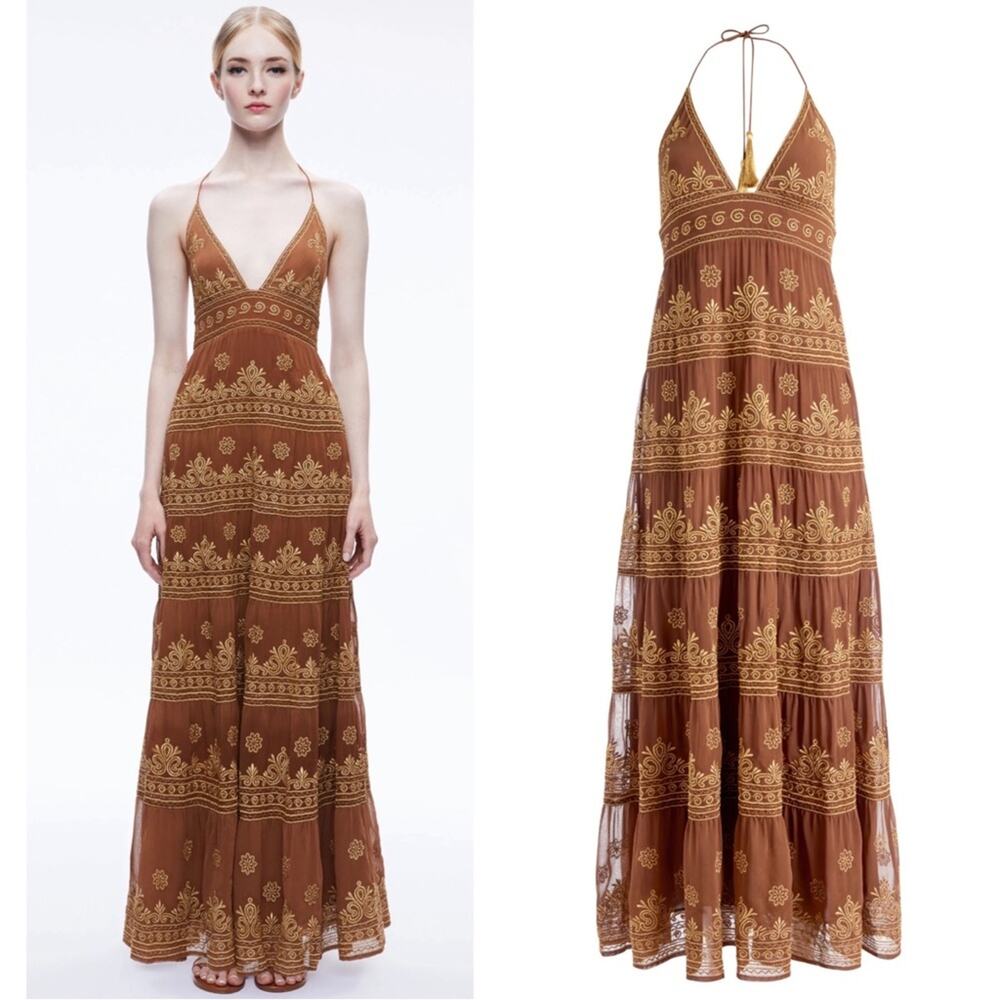 ALICE + OLIVIA Karolina Embroidered Gold and Camel Tiered Maxi Dress Size 10 - Picture 3 of 11